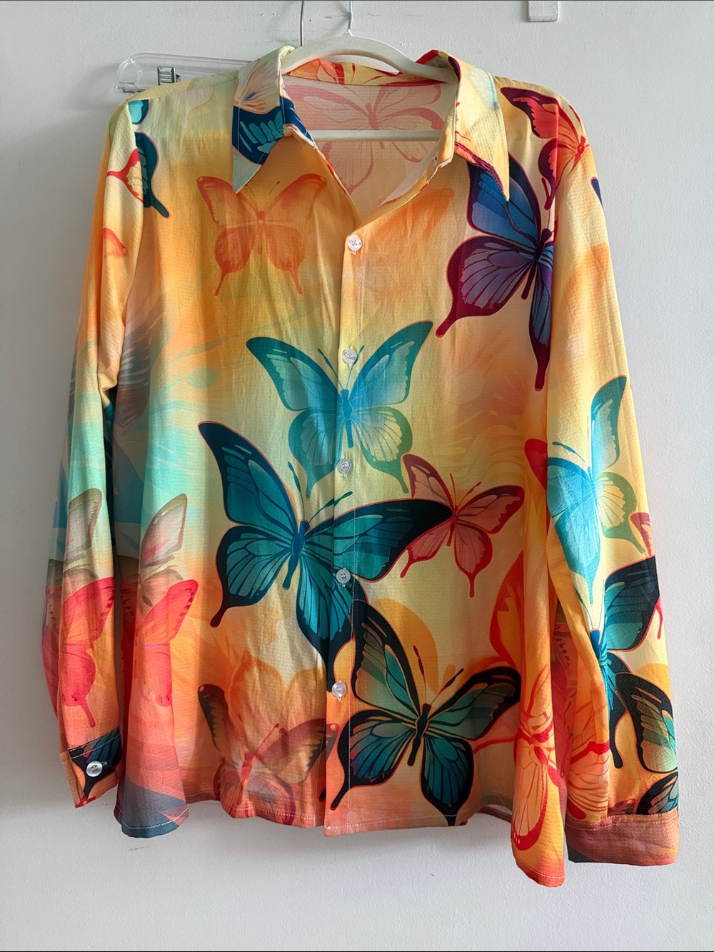 Vibrant Butterfly Print Button-Up Shirt - Yellow & Teal
